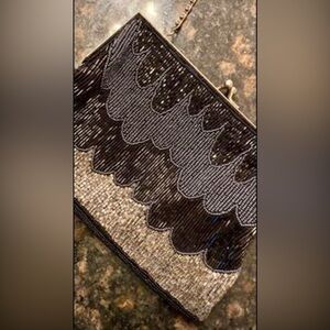 Vintage Kaiho Clutch with Intricate Black and Silver Beading
